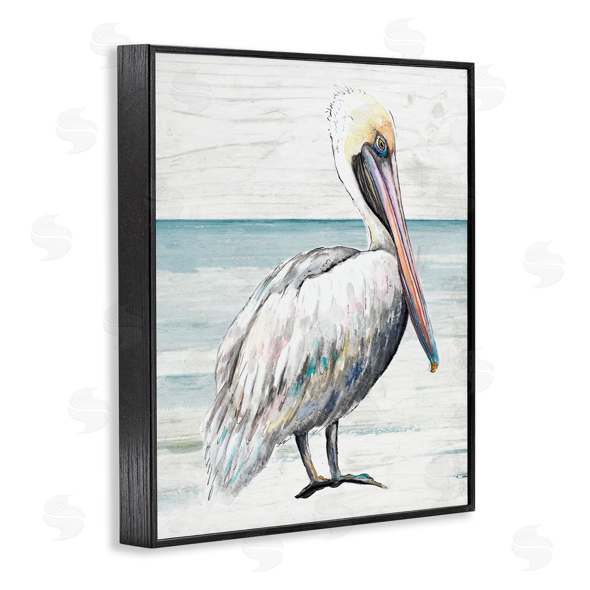 Rustic Pelican on Shoreline Black Frame Print Wall Art, Home Decor by Patricia Pinto