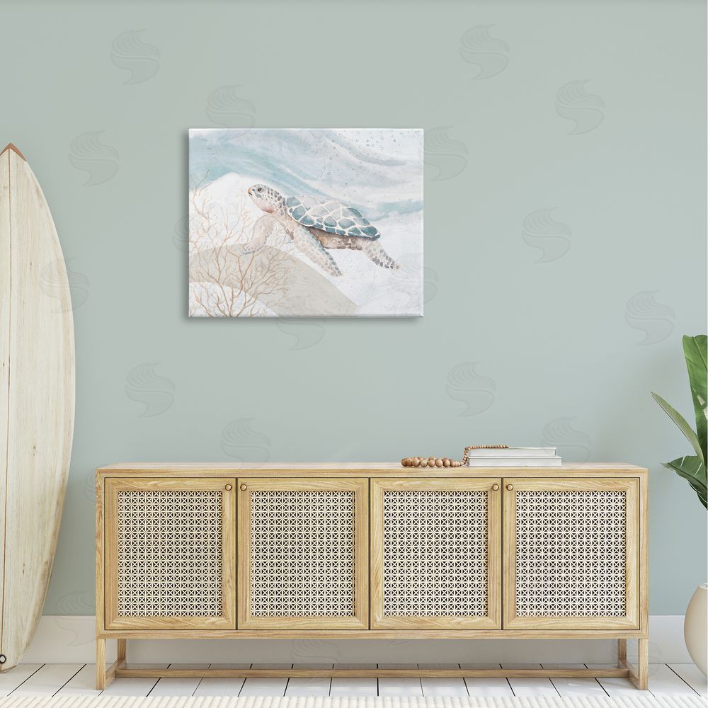 Patricia Pinto Pleasant Sea Turtle Drifting Ocean Bubble Waves Canvas Wall Art Print in Room