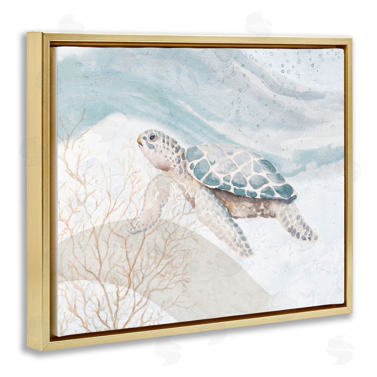 Patricia Pinto Pleasant Sea Turtle Drifting Ocean Bubble Waves Gold Floating Frame Canvas Wall Art Print
