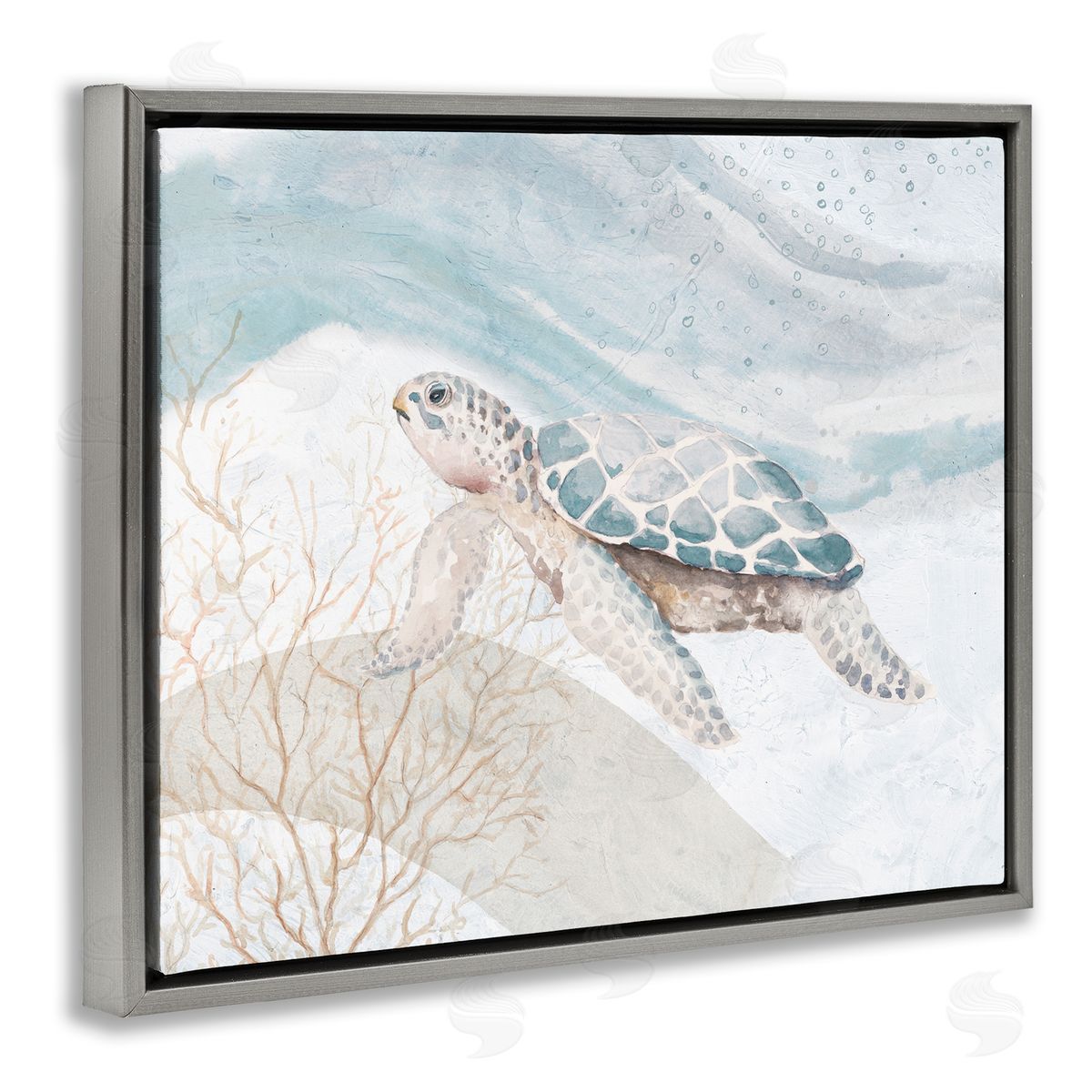 Patricia Pinto Pleasant Sea Turtle Drifting Ocean Bubble Waves Gray Floating Frame Canvas Wall Art Print