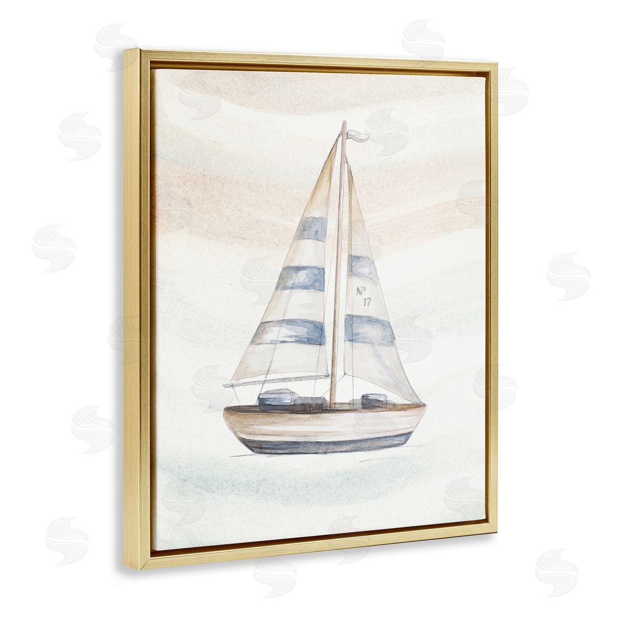 Patricia Pinto Nautical Sailboat Drifting Pale Abstract Ocean Waves  Gold Floating Frame Canvas Wall Art Print
