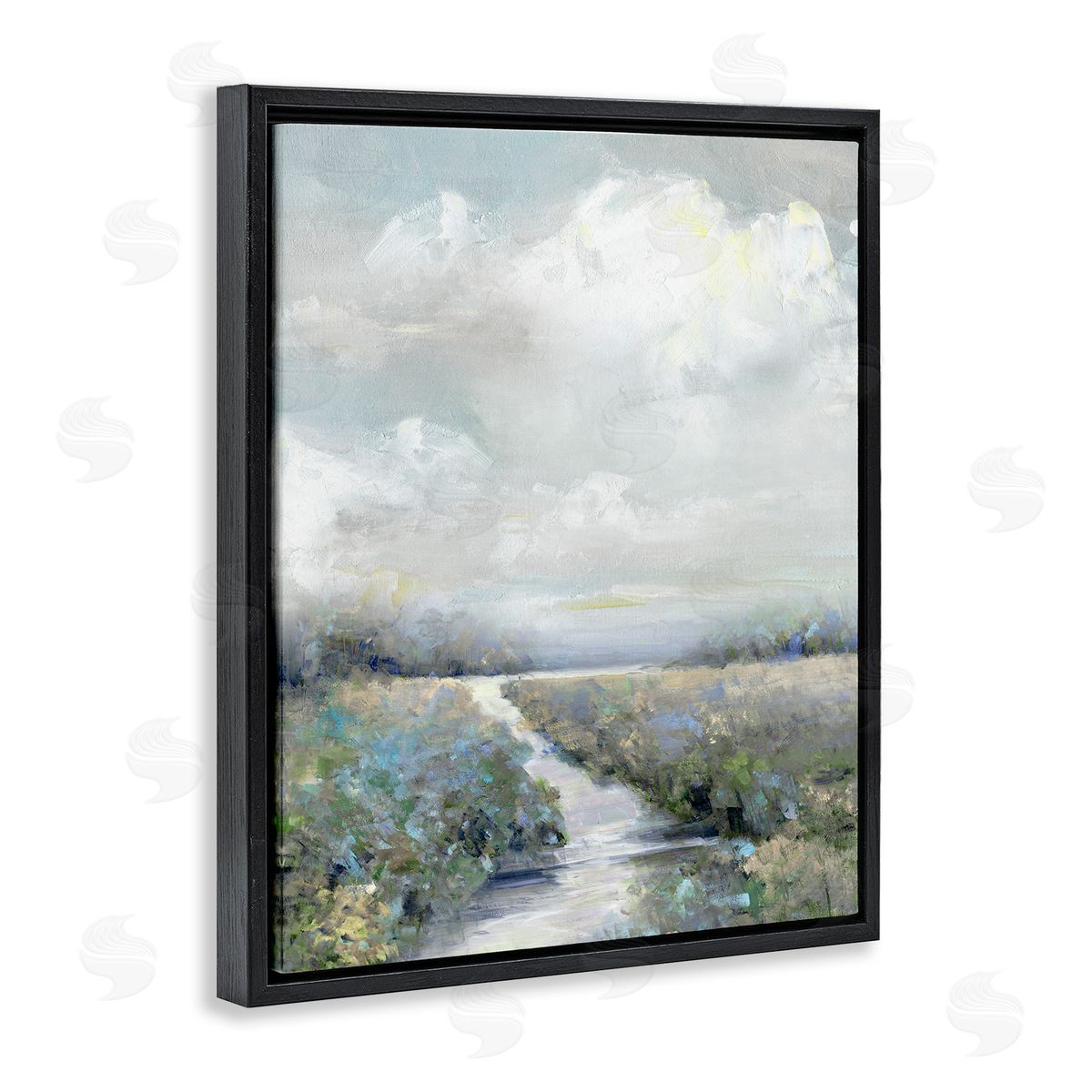 Tranquil Flower Meadow Path Black Floating Frame Canvas Wall Art, Home Decor by Sally Swatland