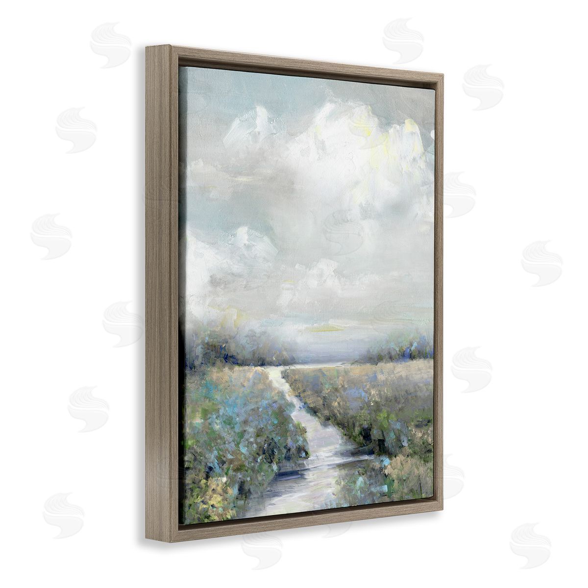Tranquil Flower Meadow Path Brown Floating Frame Canvas Wall Art, Home Decor by Sally Swatland