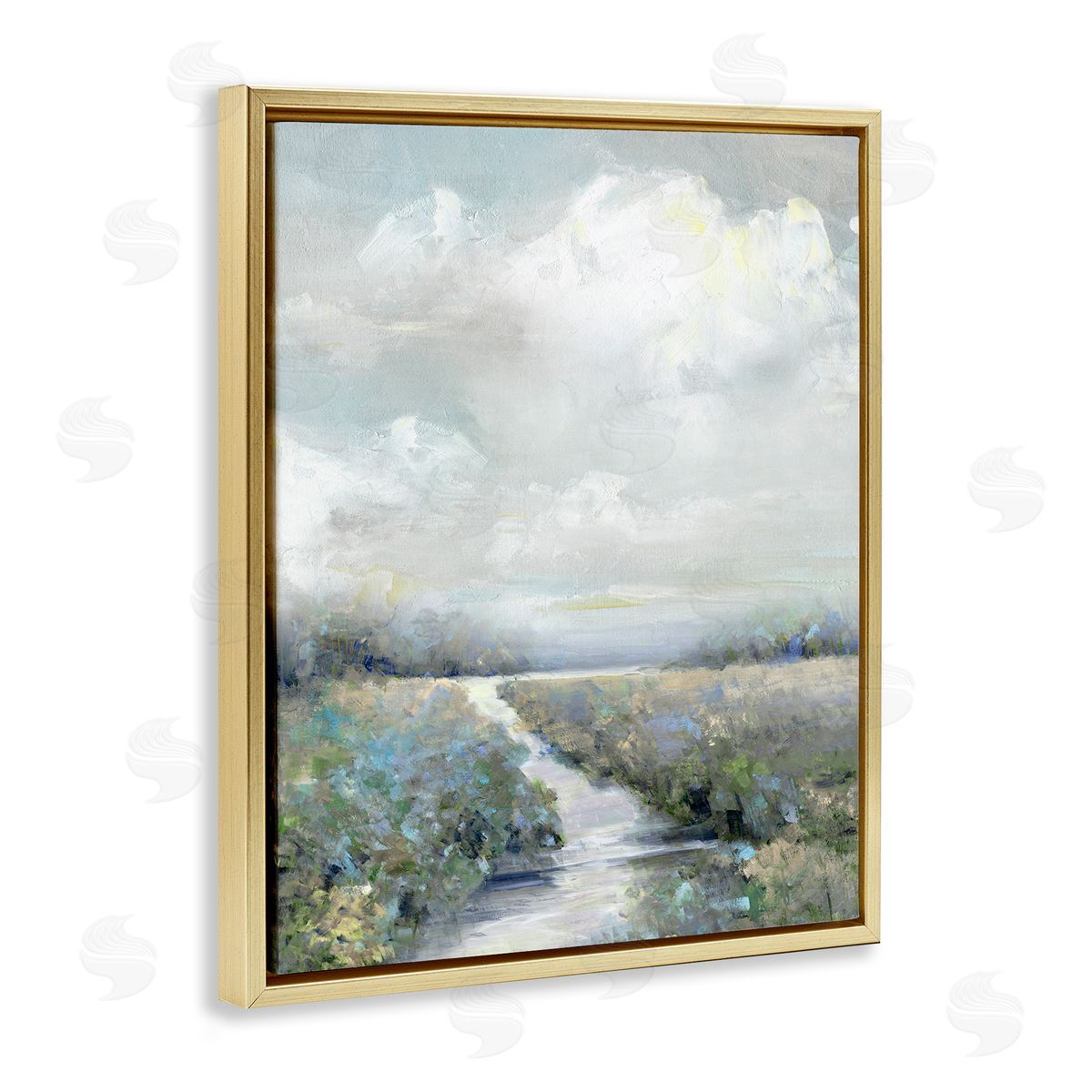 Tranquil Flower Meadow Path Gold Floating Frame Canvas Wall Art, Home Decor by Sally Swatland