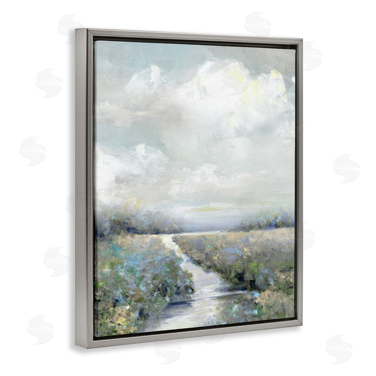 Tranquil Flower Meadow Path Grey Floating Frame Canvas Wall Art, Home Decor by Sally Swatland