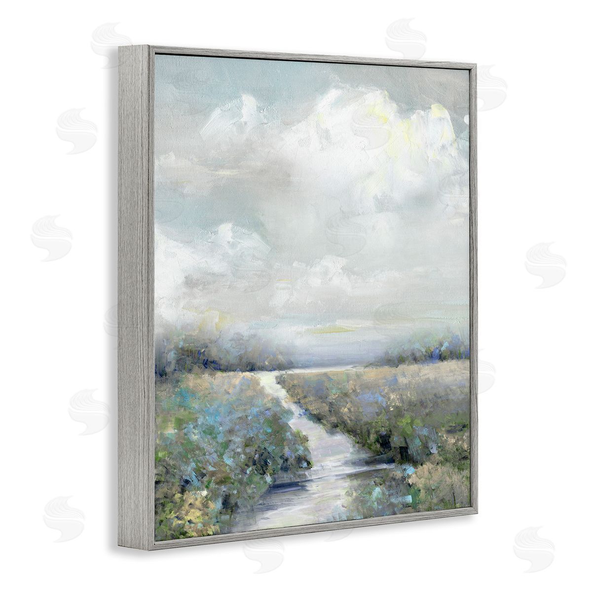 Tranquil Flower Meadow Path Grey Frame Print Wall Art, Home Decor by Sally Swatland