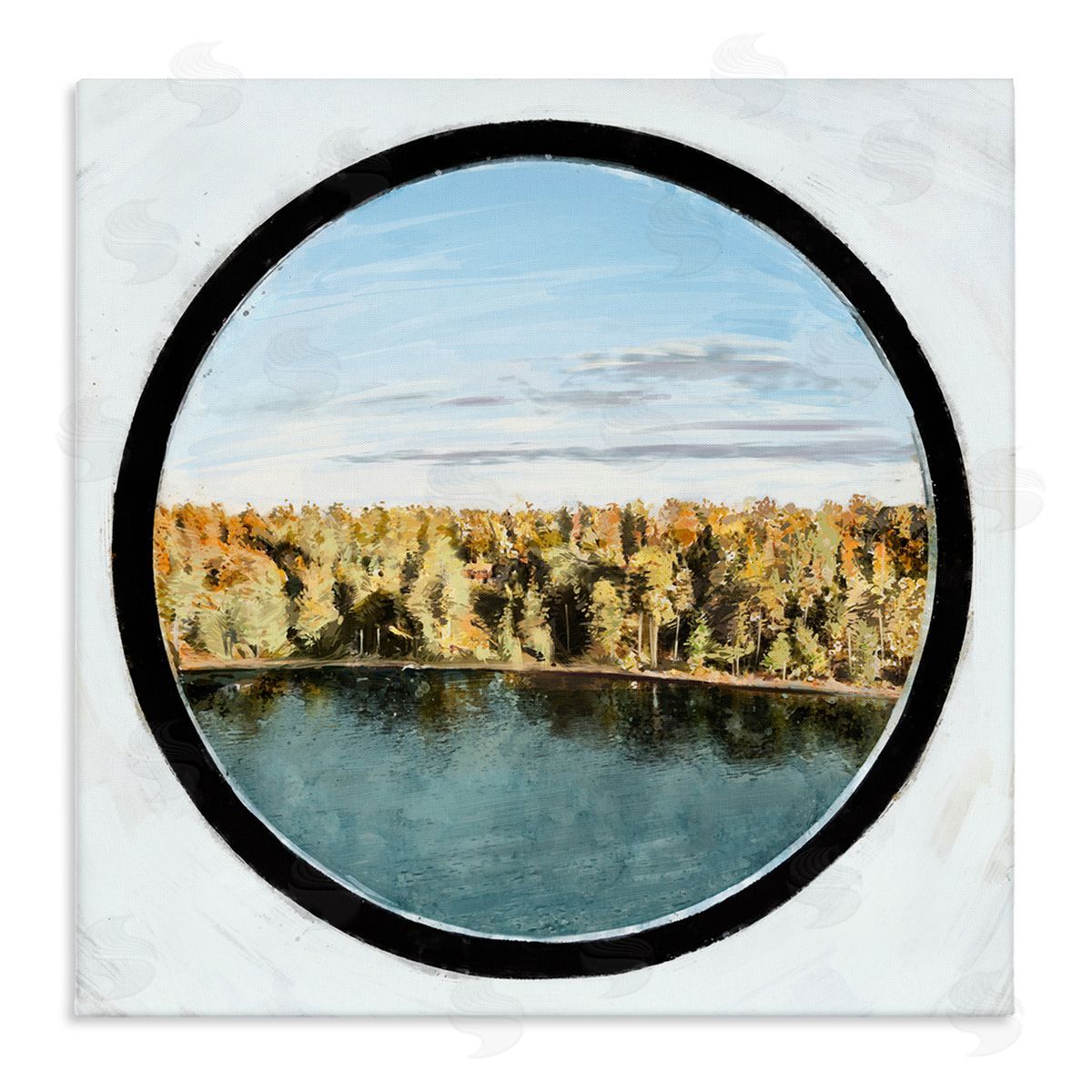 Ziwei Li Autumn Woodland Forest Lake Through Porthole Landscape Stretched Canvas Wall Art Print