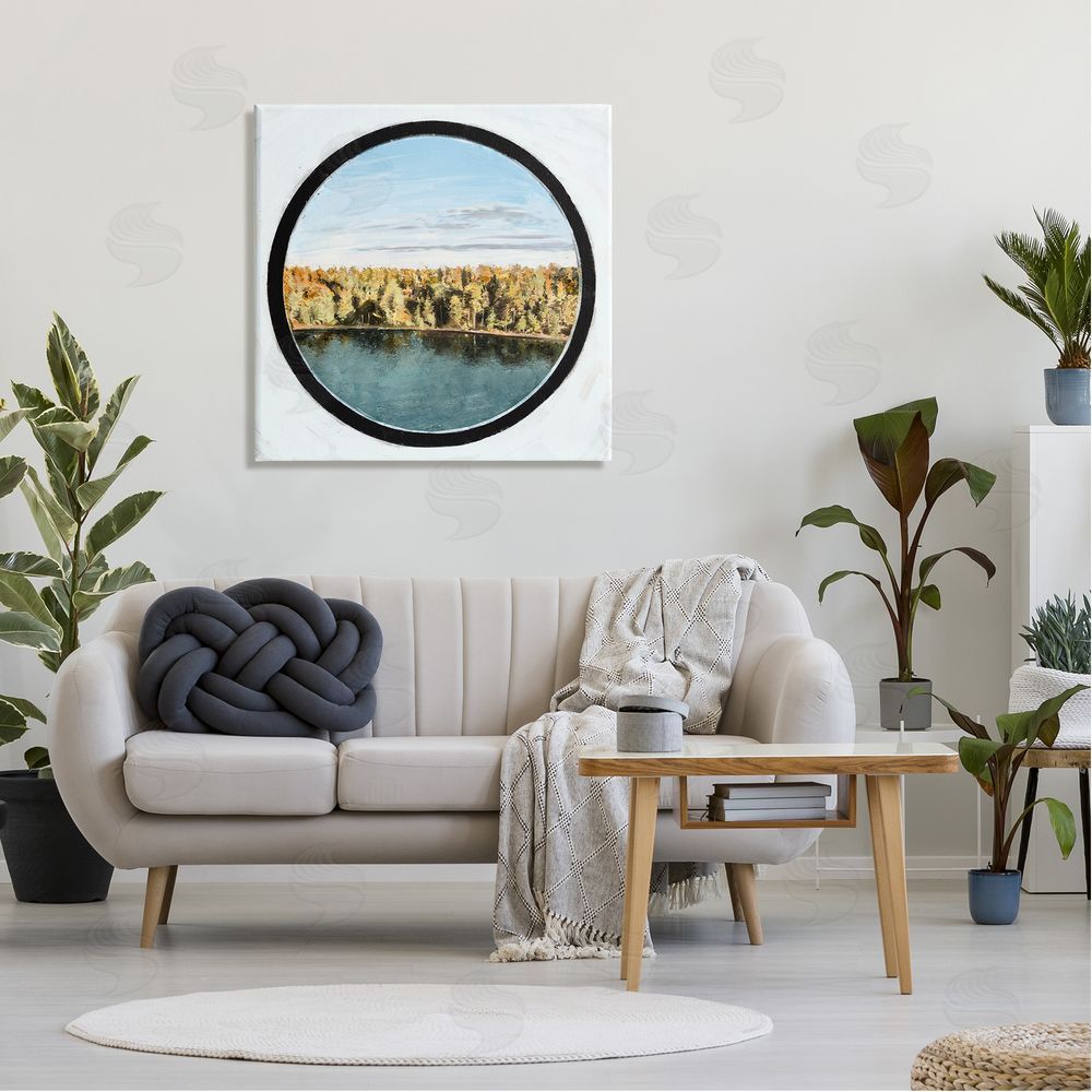 Ziwei Li Autumn Woodland Forest Lake Through Porthole Landscape Canvas Wall Art in Room