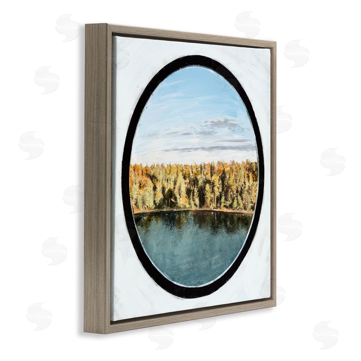 Ziwei Li Autumn Woodland Forest Lake Through Porthole Landscape Brown Floating Frame Canvas Wall Art Print
