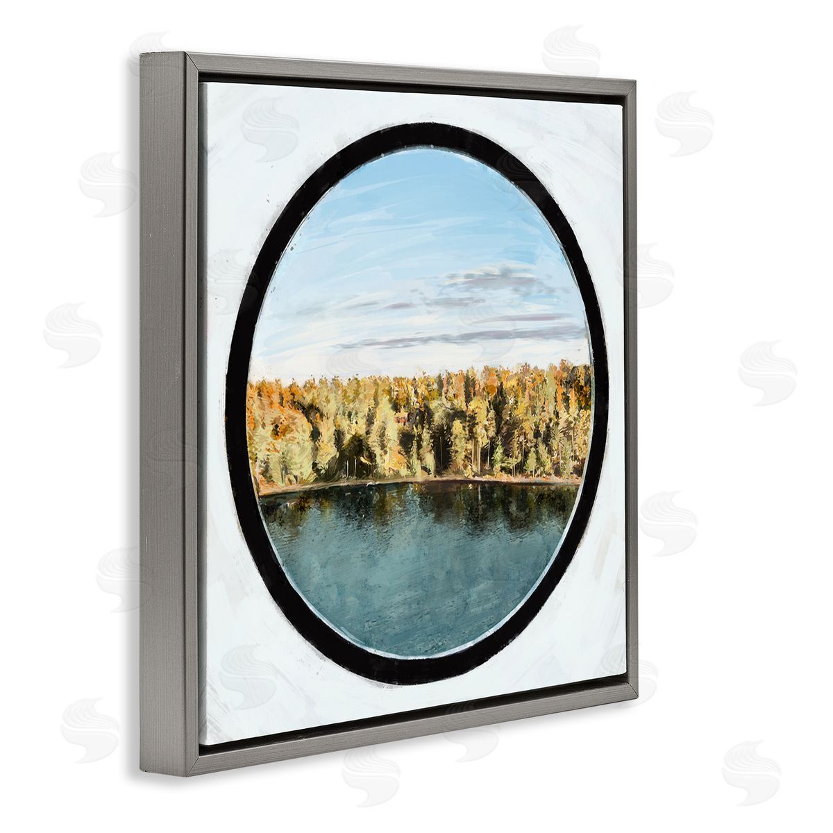 Ziwei Li Autumn Woodland Forest Lake Through Porthole Landscape Gray Floating Frame Canvas Wall Art Print