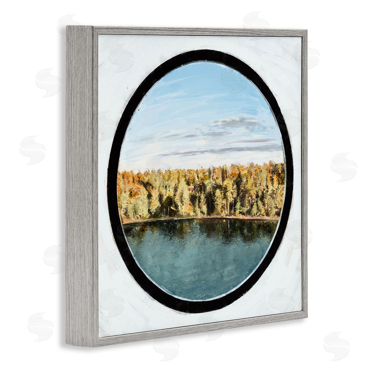 Ziwei Li Autumn Woodland Forest Lake Through Porthole Landscape Gray Framed Glicee Wall Art Print