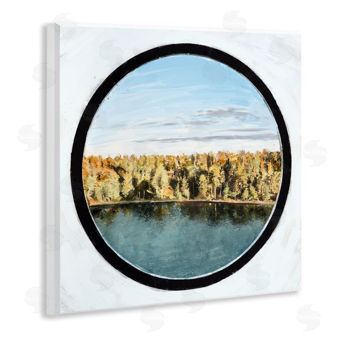 Ziwei Li Autumn Woodland Forest Lake Through Porthole Landscape Wooden Wall Plaque Art Print