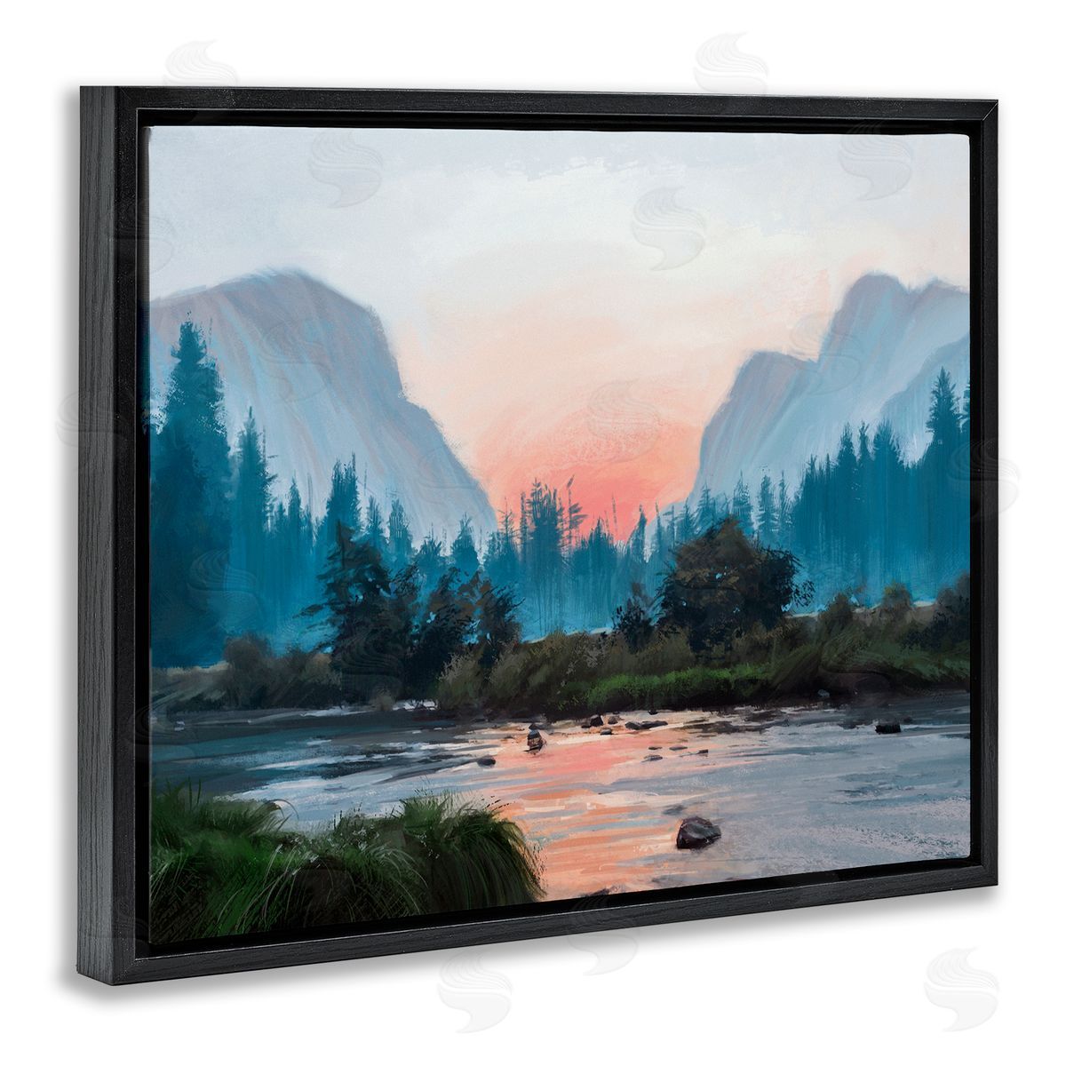 Ziwei Li Mountain Valley Tranquil Sunset Lake Reflection  Black Floating Frame Canvas Wall Art Print