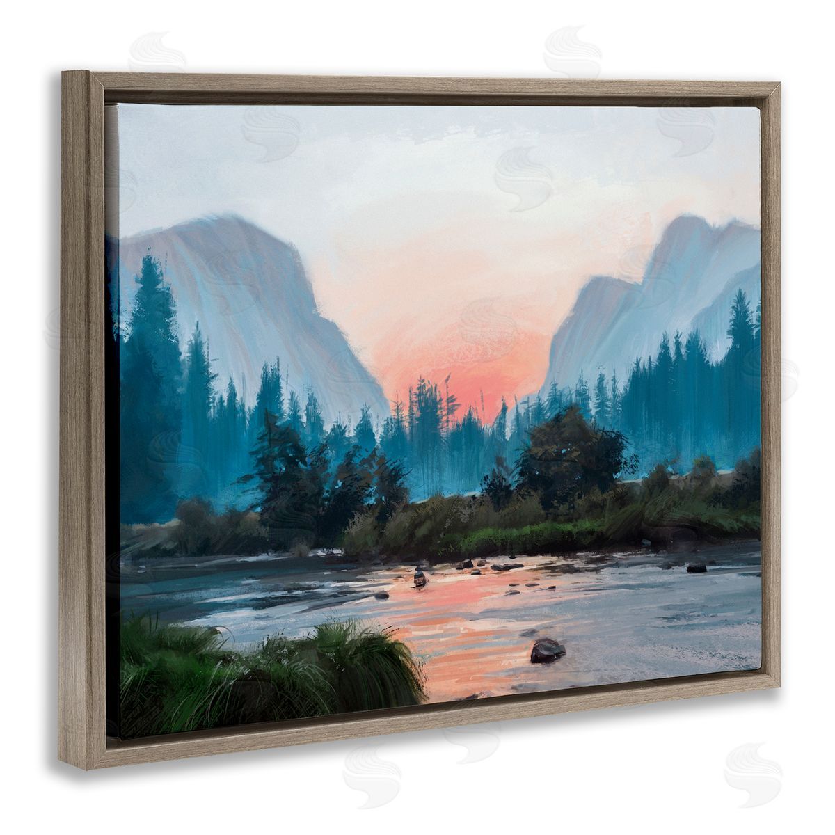 Ziwei Li Mountain Valley Tranquil Sunset Lake Reflection  Brown Floating Frame Canvas Wall Art Print