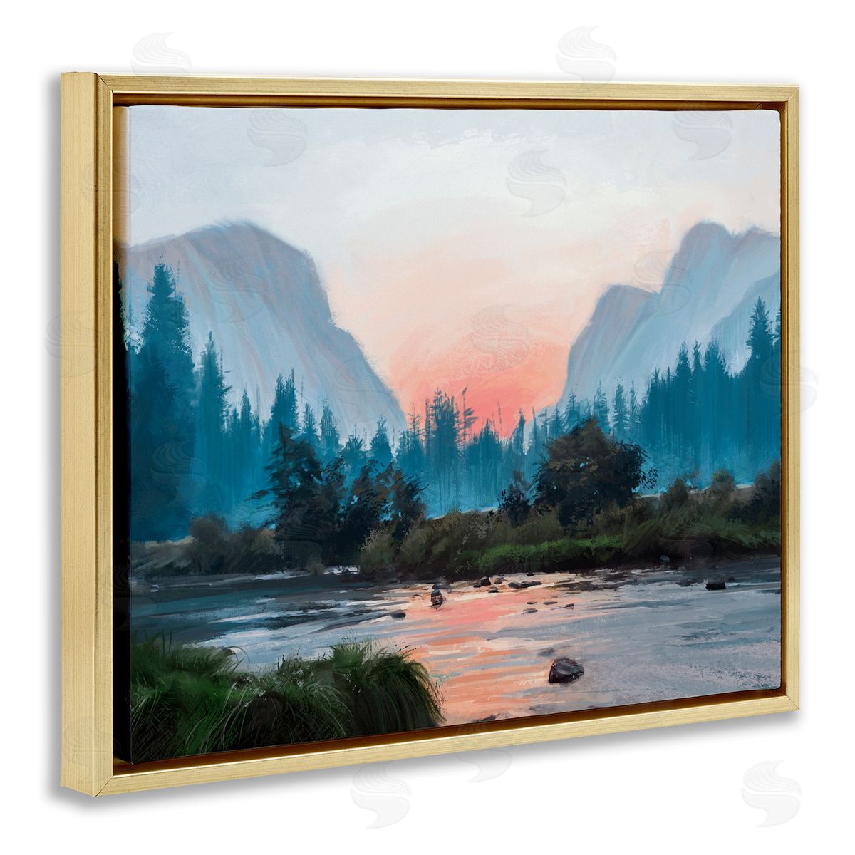 Ziwei Li Mountain Valley Tranquil Sunset Lake Reflection  Gold Floating Frame Canvas Wall Art Print