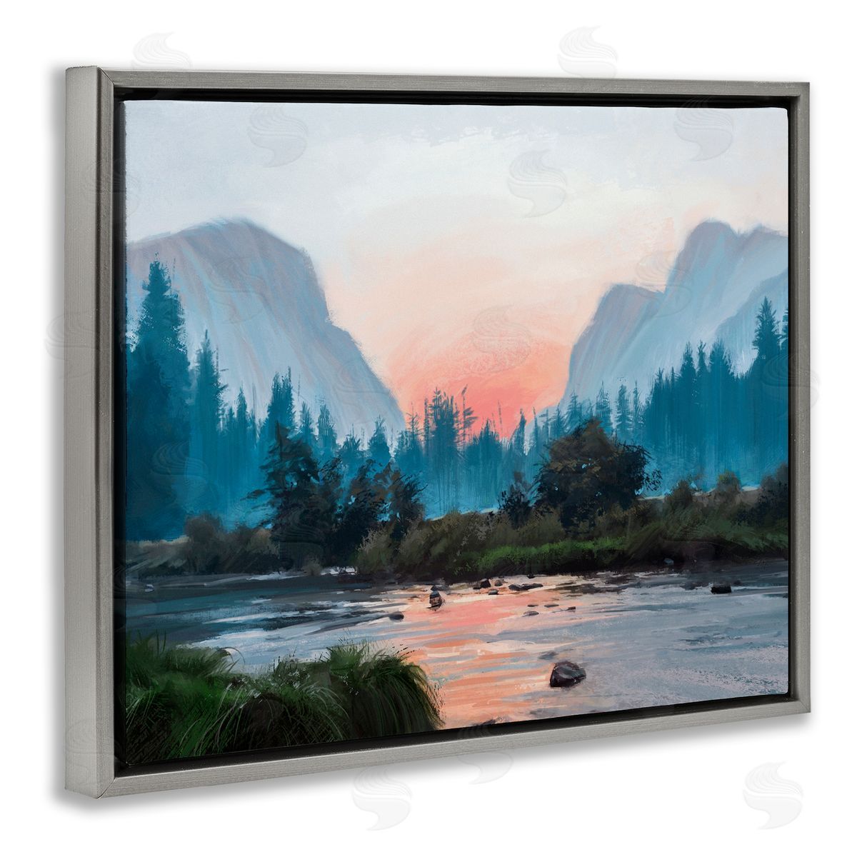 Ziwei Li Mountain Valley Tranquil Sunset Lake Reflection  Gray Floating Frame Canvas Wall Art Print