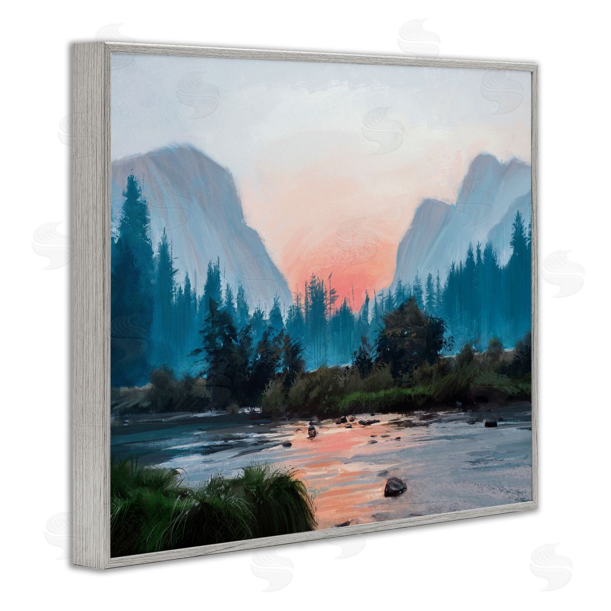 Ziwei Li Mountain Valley Tranquil Sunset Lake Reflection  Gray Framed Giclee Wall Art Print