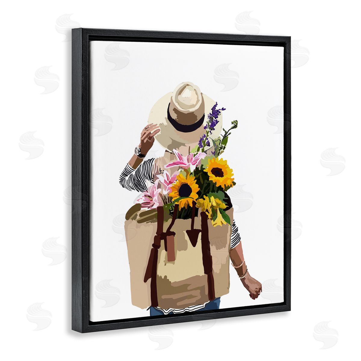 Woman Carrying Floral Backpack Black Floating Frame Canvas Wall Art, Home Decor by Amelia Noyes