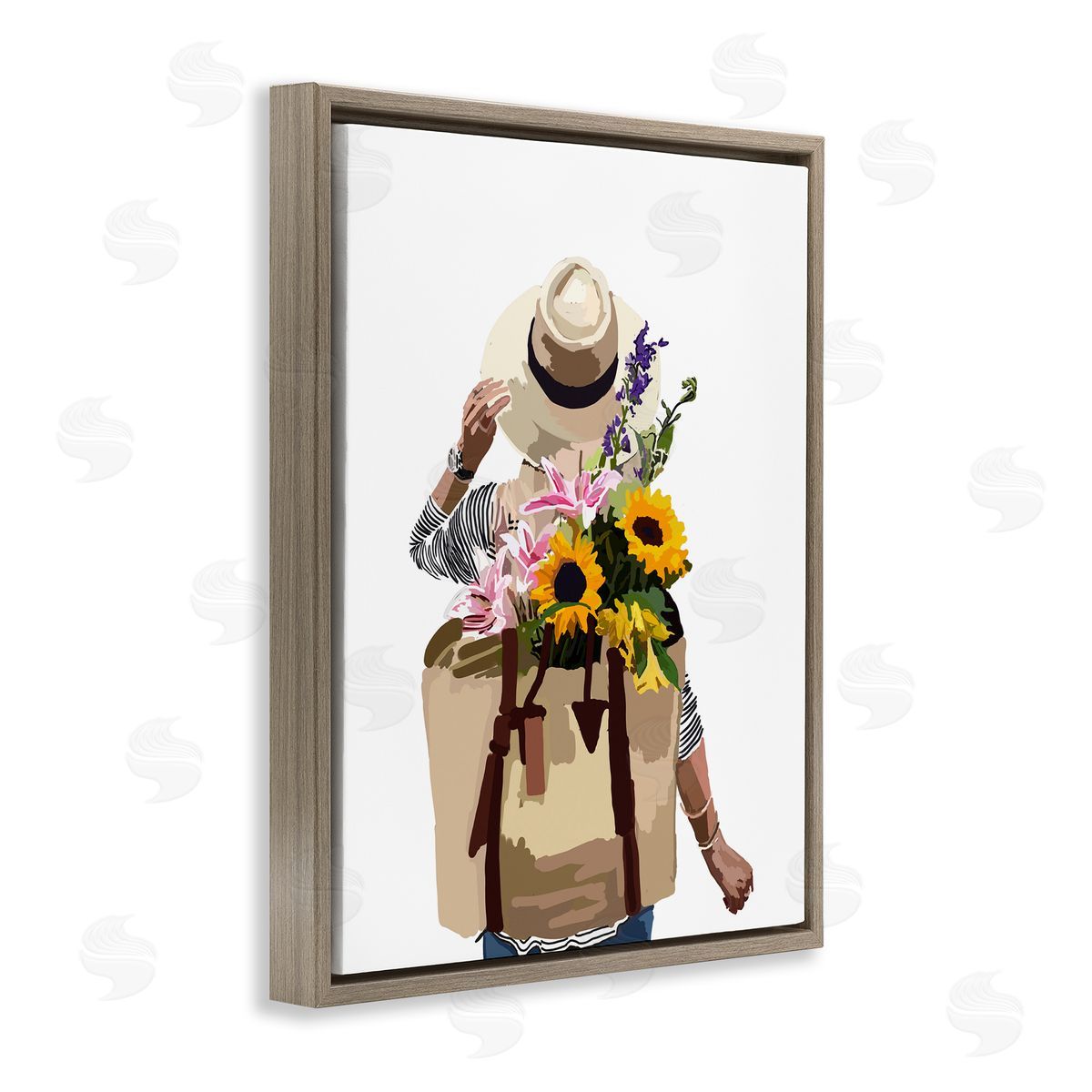 Woman Carrying Floral Backpack Brown Floating Frame Canvas Wall Art, Home Decor by Amelia Noyes