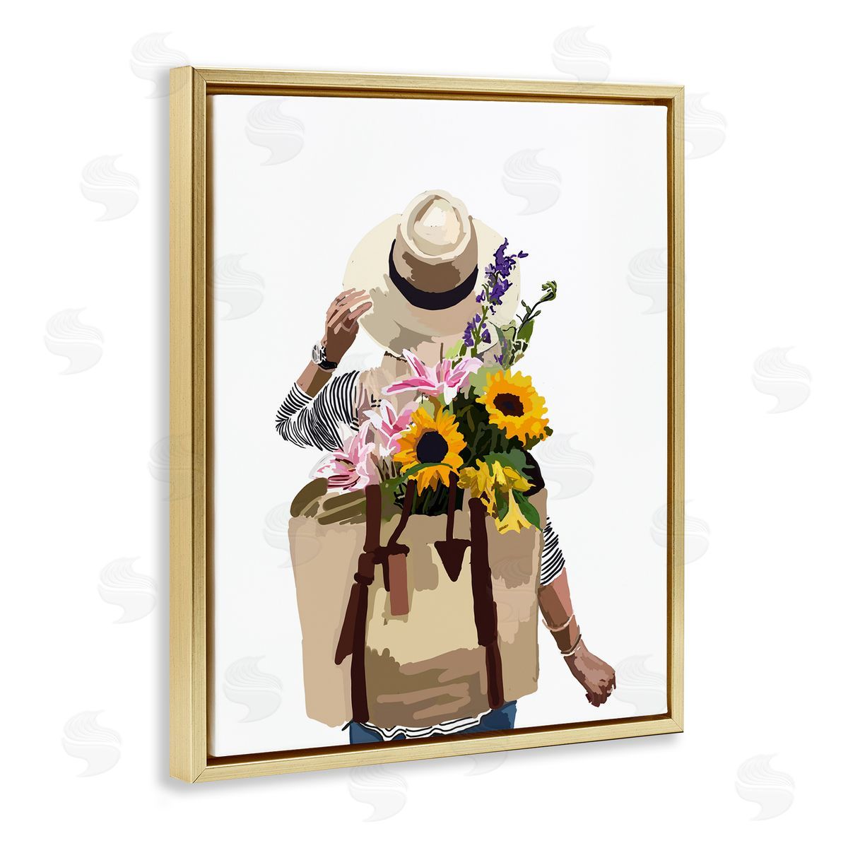 Woman Carrying Floral Backpack Gold Floating Frame Canvas Wall Art, Home Decor by Amelia Noyes
