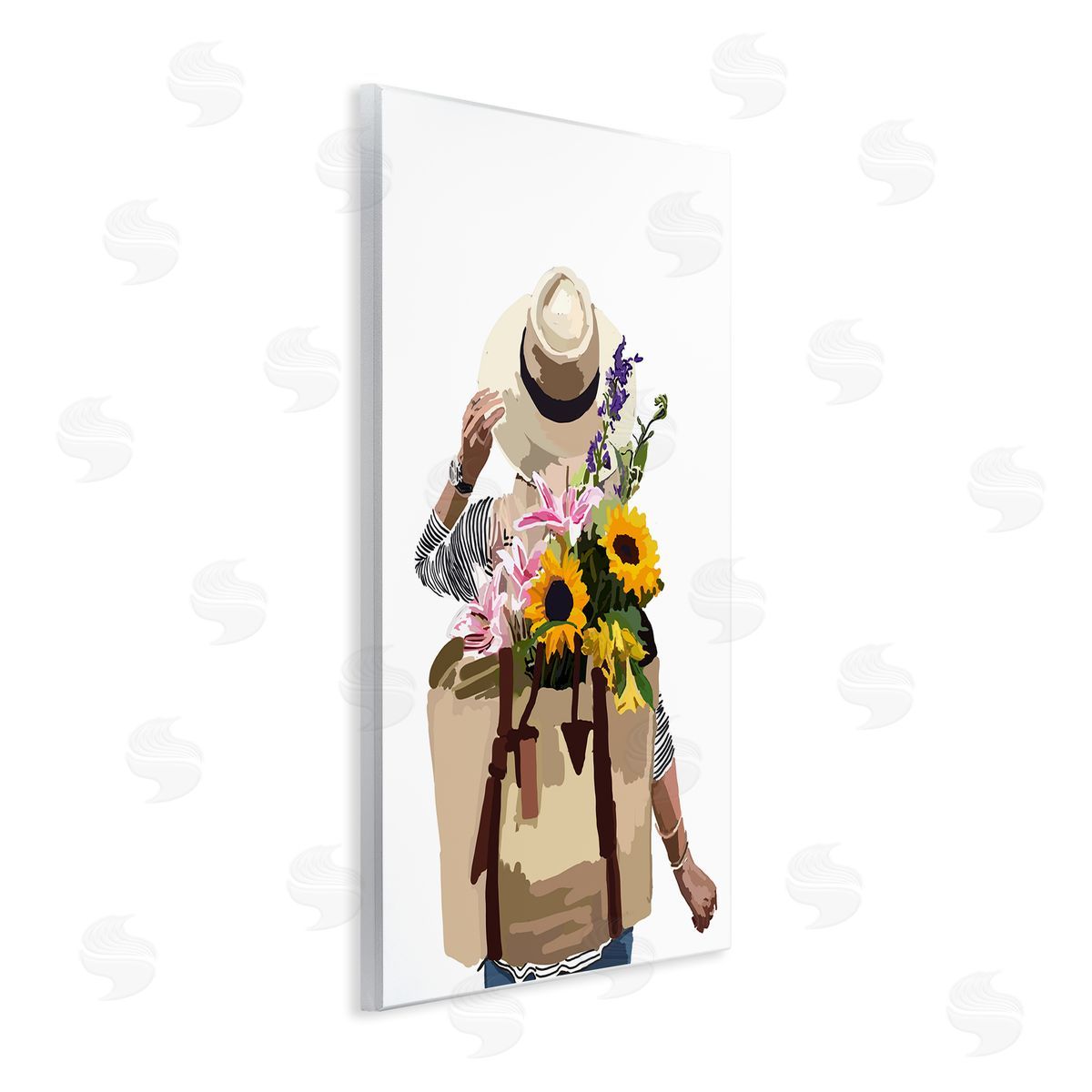 Woman Carrying Floral Backpack Wood Plaque Wall Art, Home Decor by Amelia Noyes