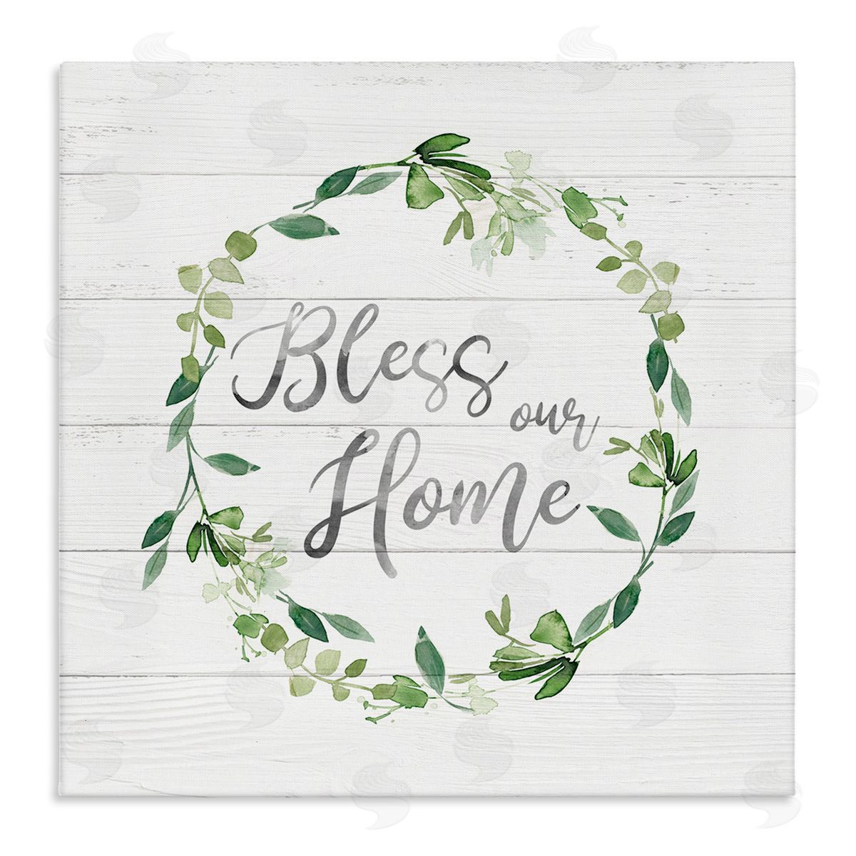Carol Robinson Bless Our Home Farmhouse Leaves Wreath Calligraphy  Stretched Canvas Wall Art Print