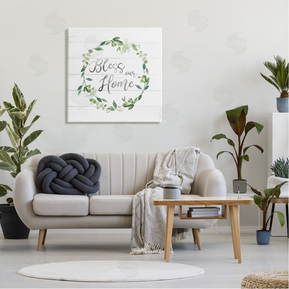 Carol Robinson Bless Our Home Farmhouse Leaves Wreath Calligraphy  Canvas Wall Art in Room