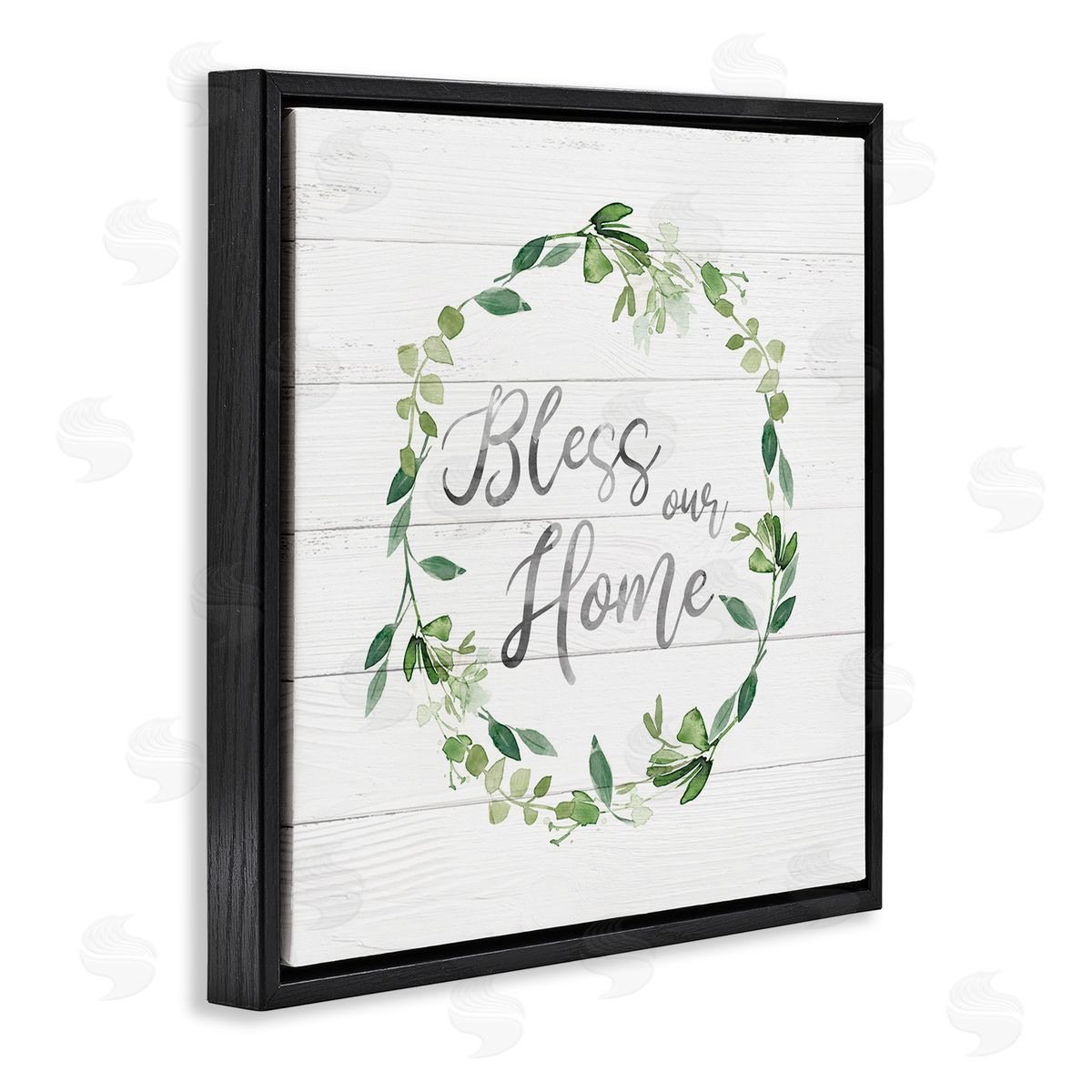 Carol Robinson Bless Our Home Farmhouse Leaves Wreath Calligraphy  Black Floating Frame Canvas Wall Art Print