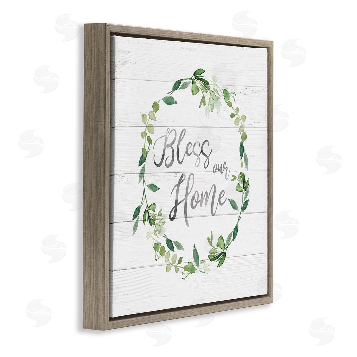 Carol Robinson Bless Our Home Farmhouse Leaves Wreath Calligraphy  Brown Floating Frame Canvas Wall Art Print