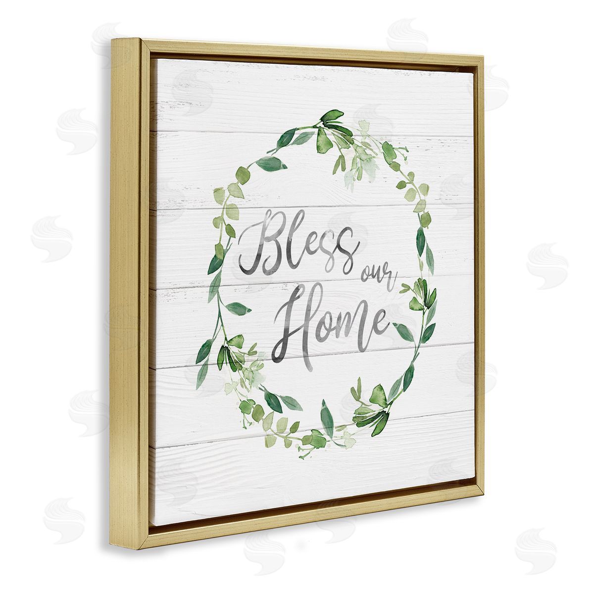 Carol Robinson Bless Our Home Farmhouse Leaves Wreath Calligraphy  Gold Floating Frame Canvas Wall Art Print