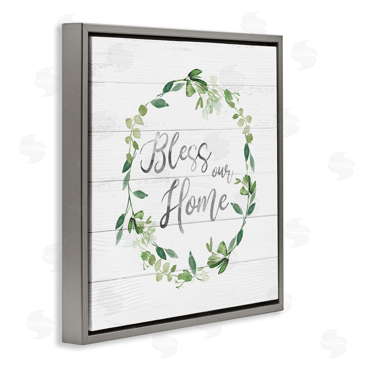 Carol Robinson Bless Our Home Farmhouse Leaves Wreath Calligraphy  Gray Floating Frame Canvas Wall Art Print