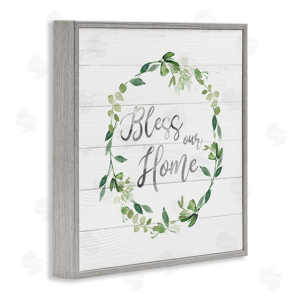 Carol Robinson Bless Our Home Farmhouse Leaves Wreath Calligraphy  Gray Framed Glicee Wall Art Print