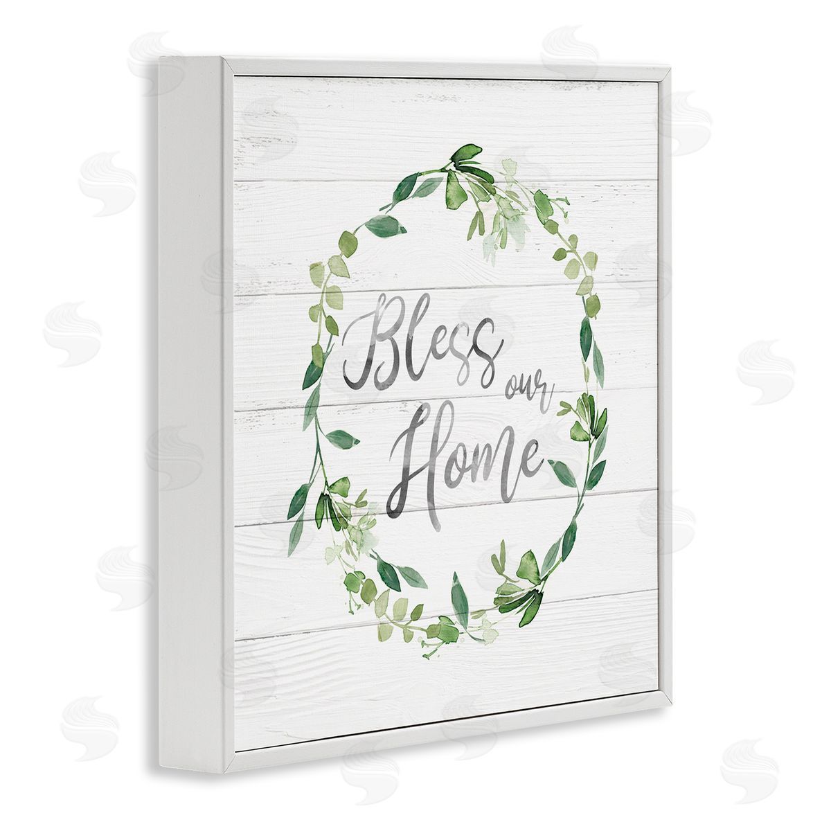 Carol Robinson Bless Our Home Farmhouse Leaves Wreath Calligraphy  White Framed Glicee Wall Art Print