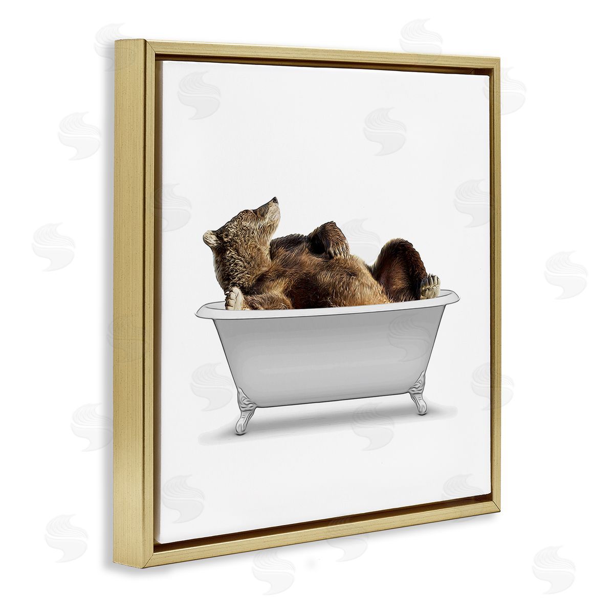 Annalisa Latella Bathroom Wildlife Bear in Tub Gold Floating Frame Canvas Wall Art Print