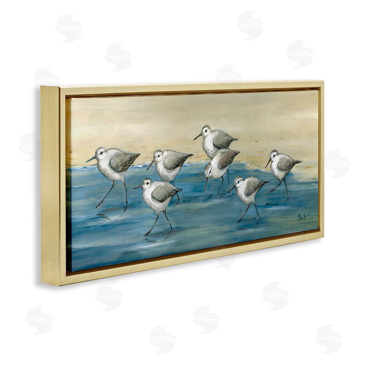 Sandpiper Bird Flock Beach Shoreline Gold Floating Frame Canvas Wall Art, Home Decor by Paul Brent