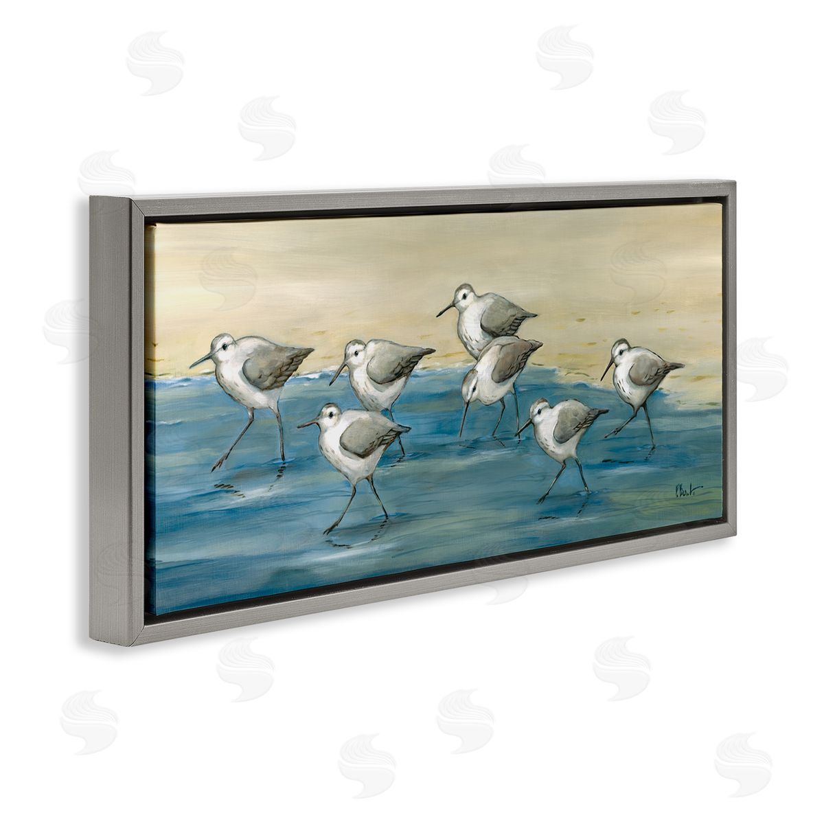 Sandpiper Bird Flock Beach Shoreline Grey Floating Frame Canvas Wall Art, Home Decor by Paul Brent