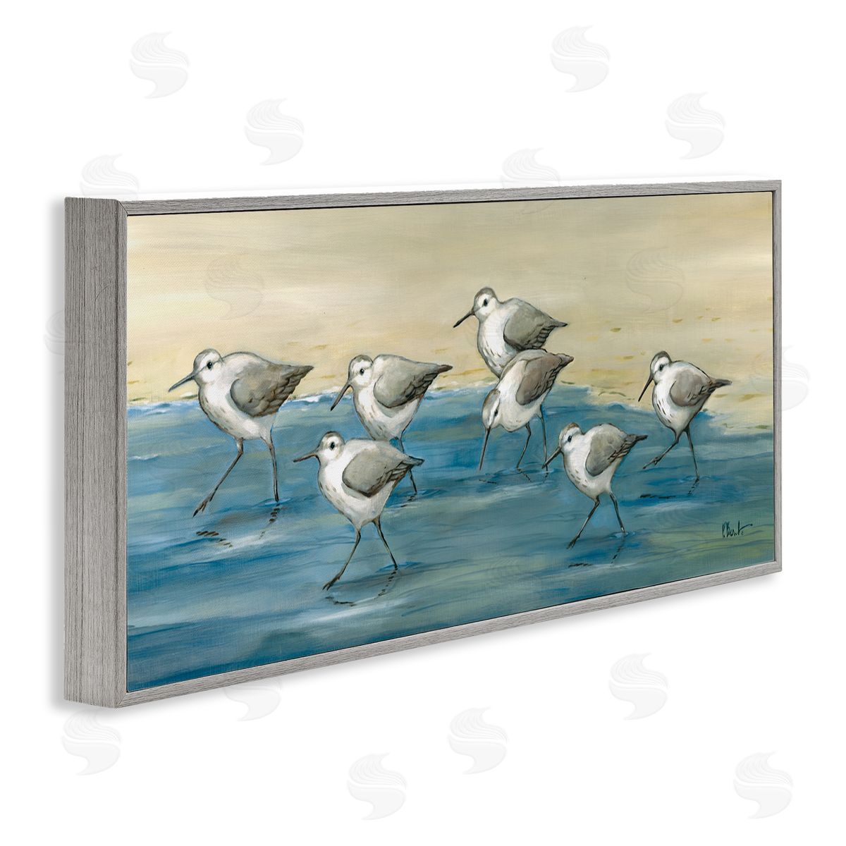 Sandpiper Bird Flock Beach Shoreline Grey Frame Print Wall Art, Home Decor by Paul Brent