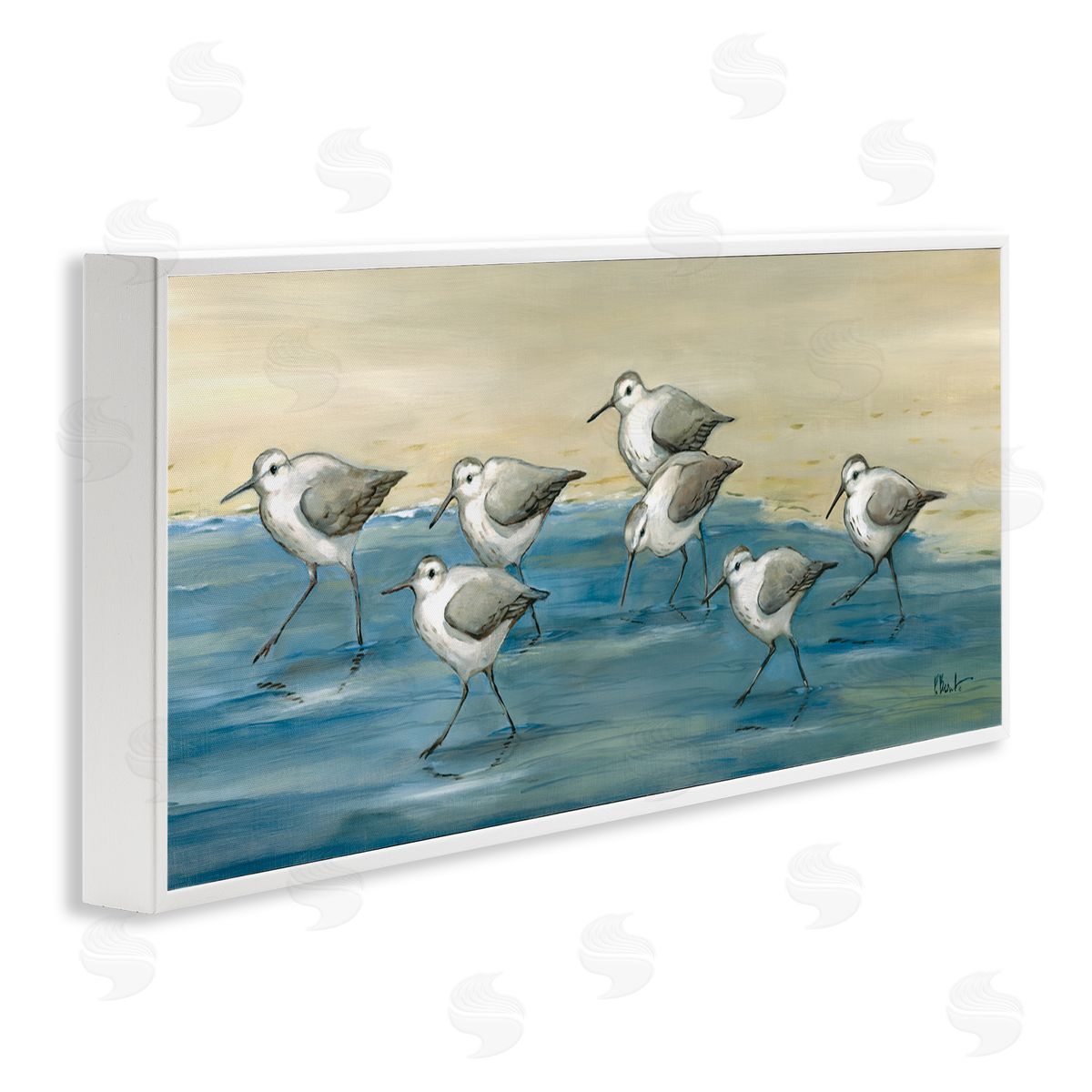 Sandpiper Bird Flock Beach Shoreline White Frame Print Wall Art, Home Decor by Paul Brent