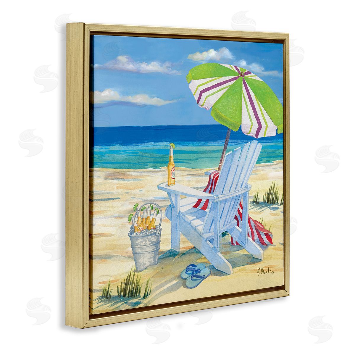 Paul Brent 5pm Summer Beer Beach Chair Gold Floating Frame Canvas Wall Art Print