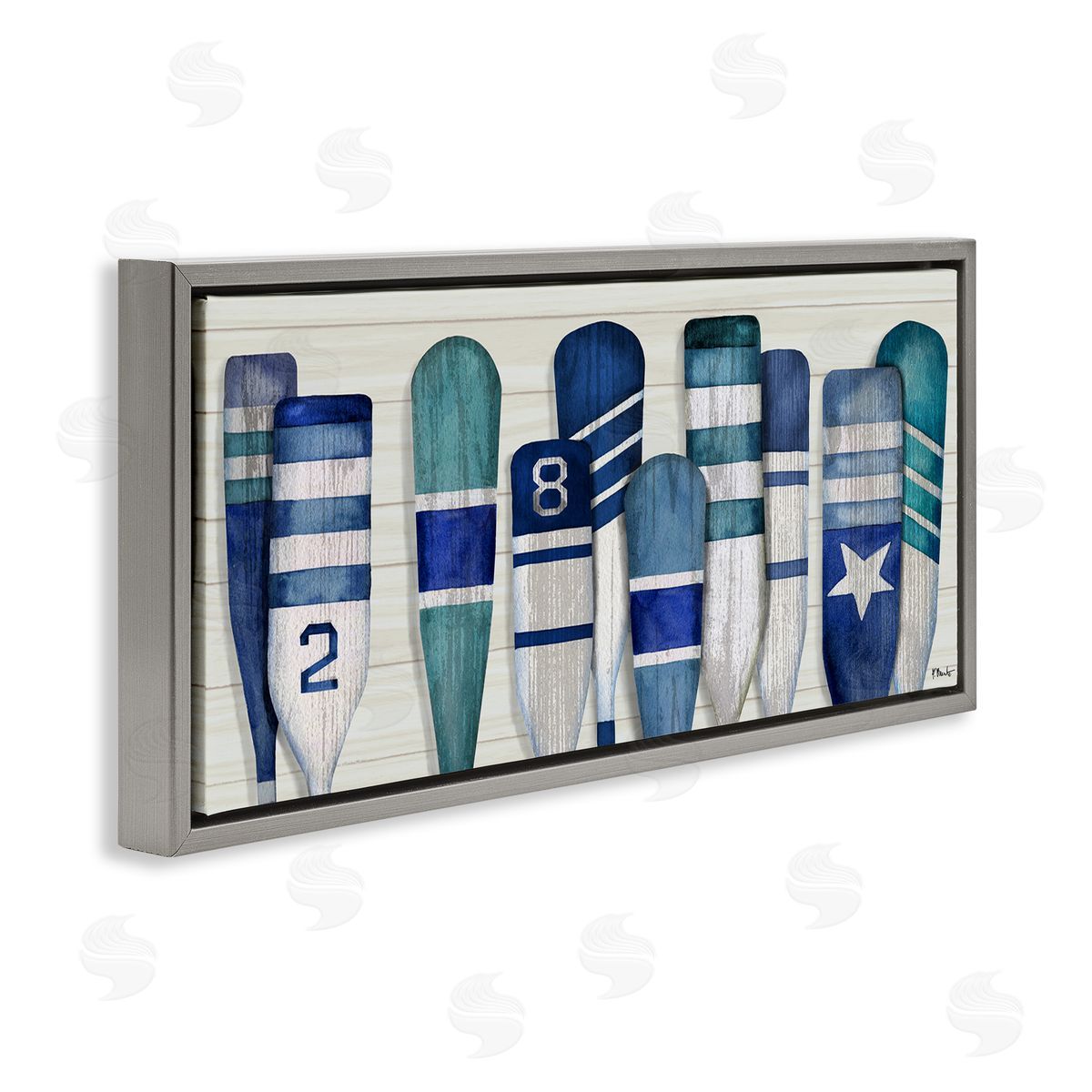 Port Oars Nautical Blue Patterns Grey Floating Frame Canvas Wall Art, Home Decor by Paul Brent