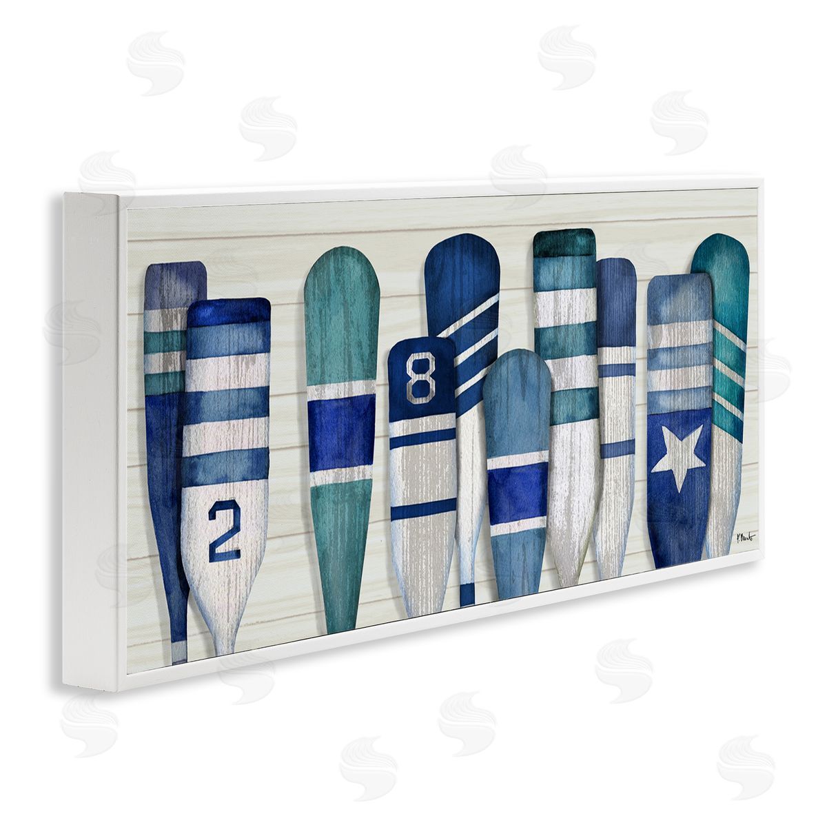 Port Oars Nautical Blue Patterns White Frame Print Wall Art, Home Decor by Paul Brent
