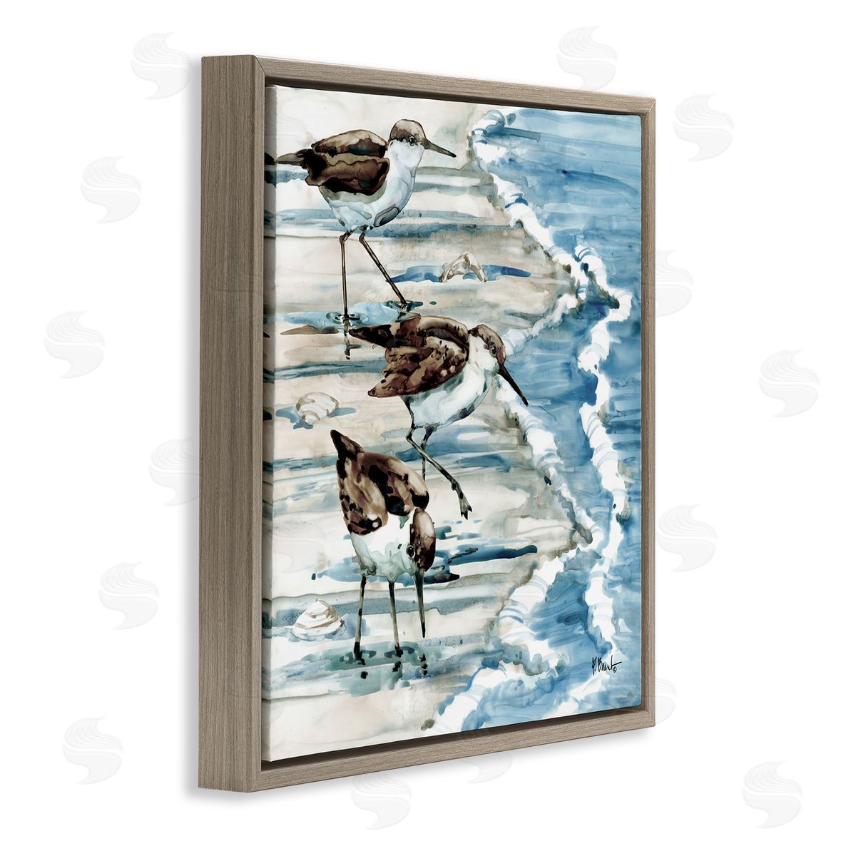 Rockhampton Sandpipers Beach Ripples Brown Floating Frame Canvas Wall Art, Home Decor by Paul Brent