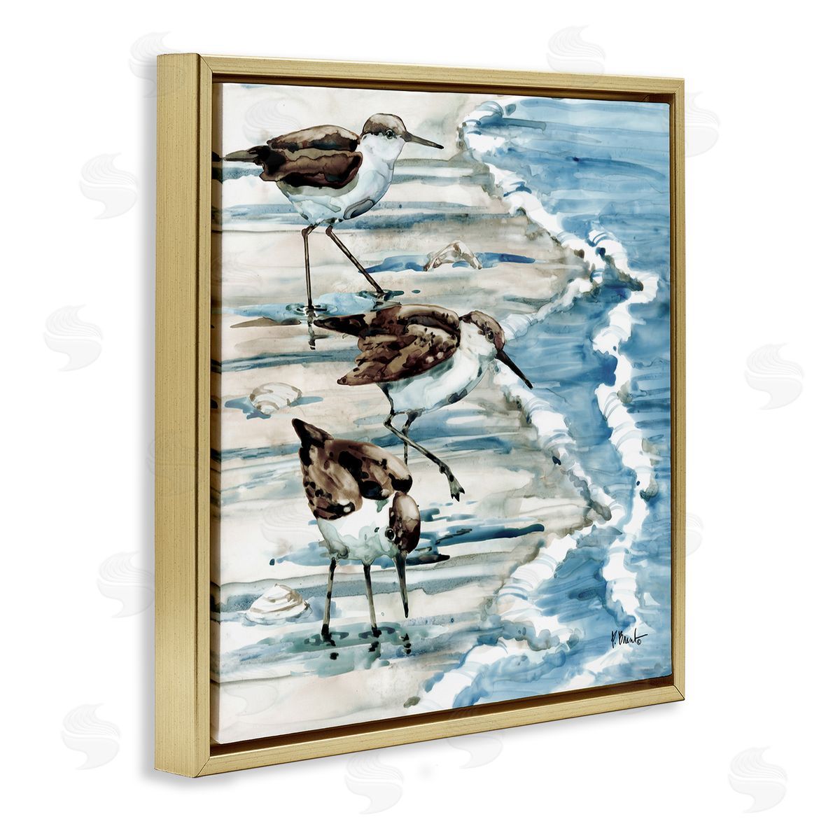 Rockhampton Sandpipers Beach Ripples Gold Floating Frame Canvas Wall Art, Home Decor by Paul Brent
