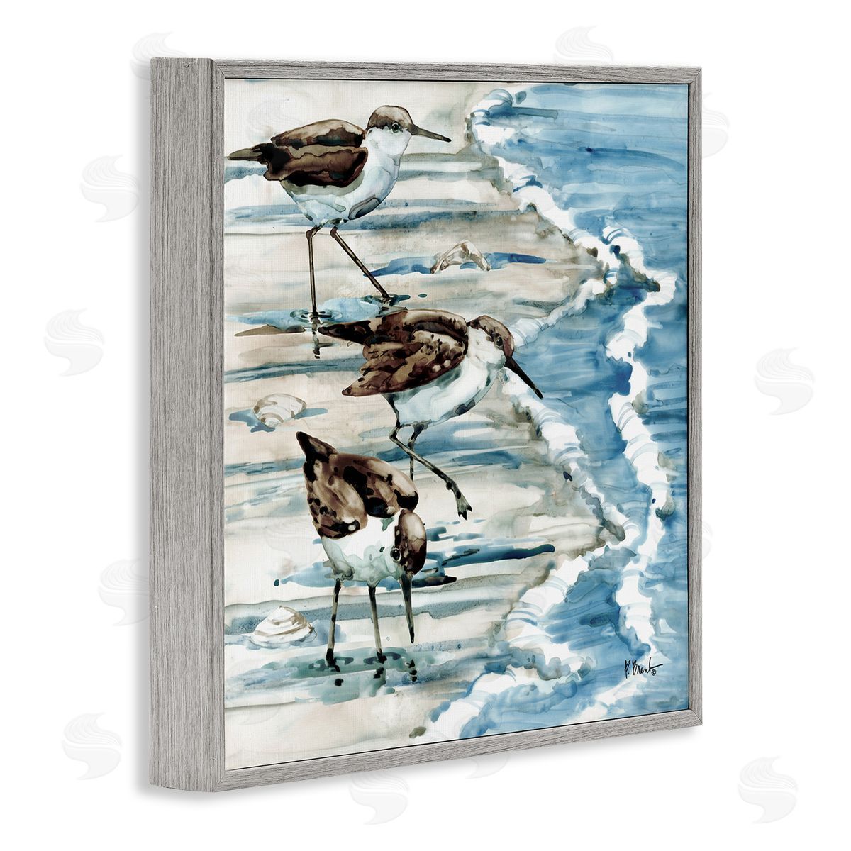 Rockhampton Sandpipers Beach Ripples Grey Frame Print Wall Art, Home Decor by Paul Brent