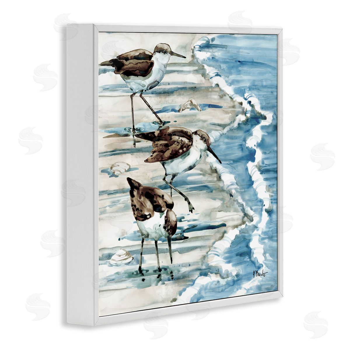 Rockhampton Sandpipers Beach Ripples White Frame Print Wall Art, Home Decor by Paul Brent