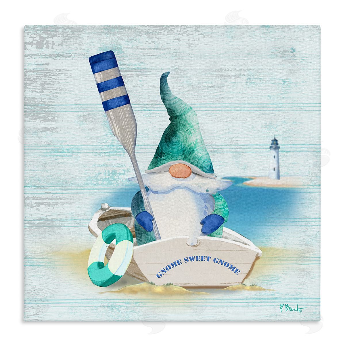 Paul Brent Coastal Gnome Blue Row Boat Stretched Canvas Wall Art Print
