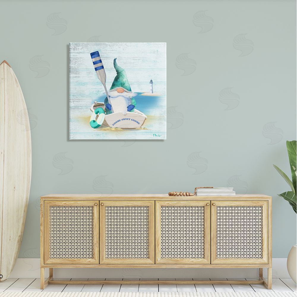 Paul Brent Coastal Gnome Blue Row Boat Canvas Wall Art in Room
