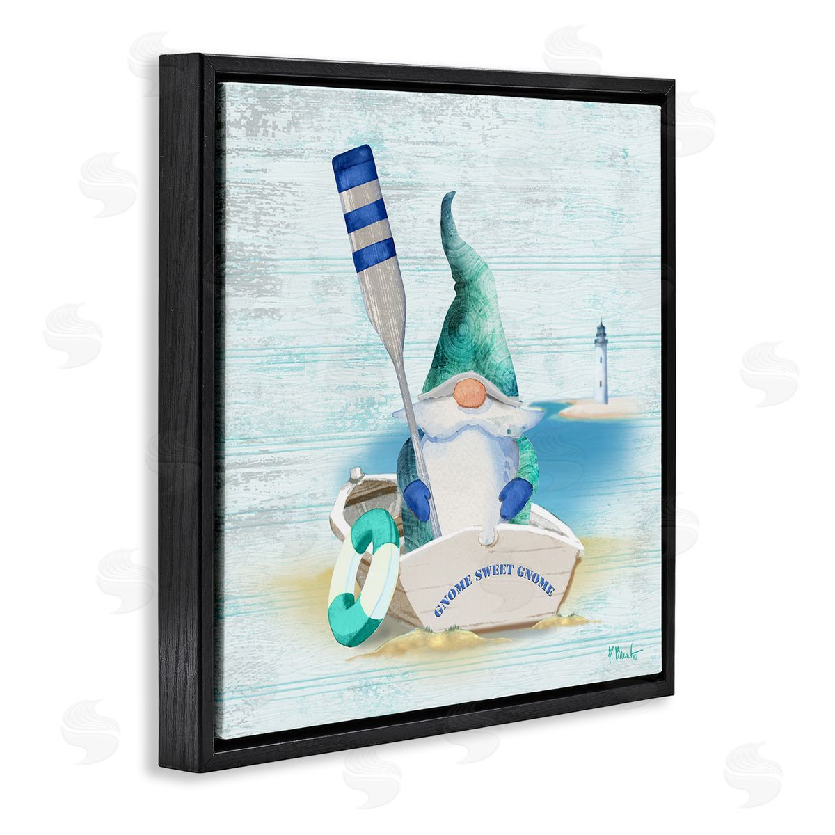 Paul Brent Coastal Gnome Blue Row Boat Black Floating Frame Canvas Wall Art Print