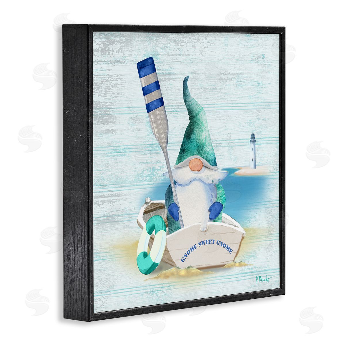 Paul Brent Coastal Gnome Blue Row Boat Black Framed Glicee Wall Art Print