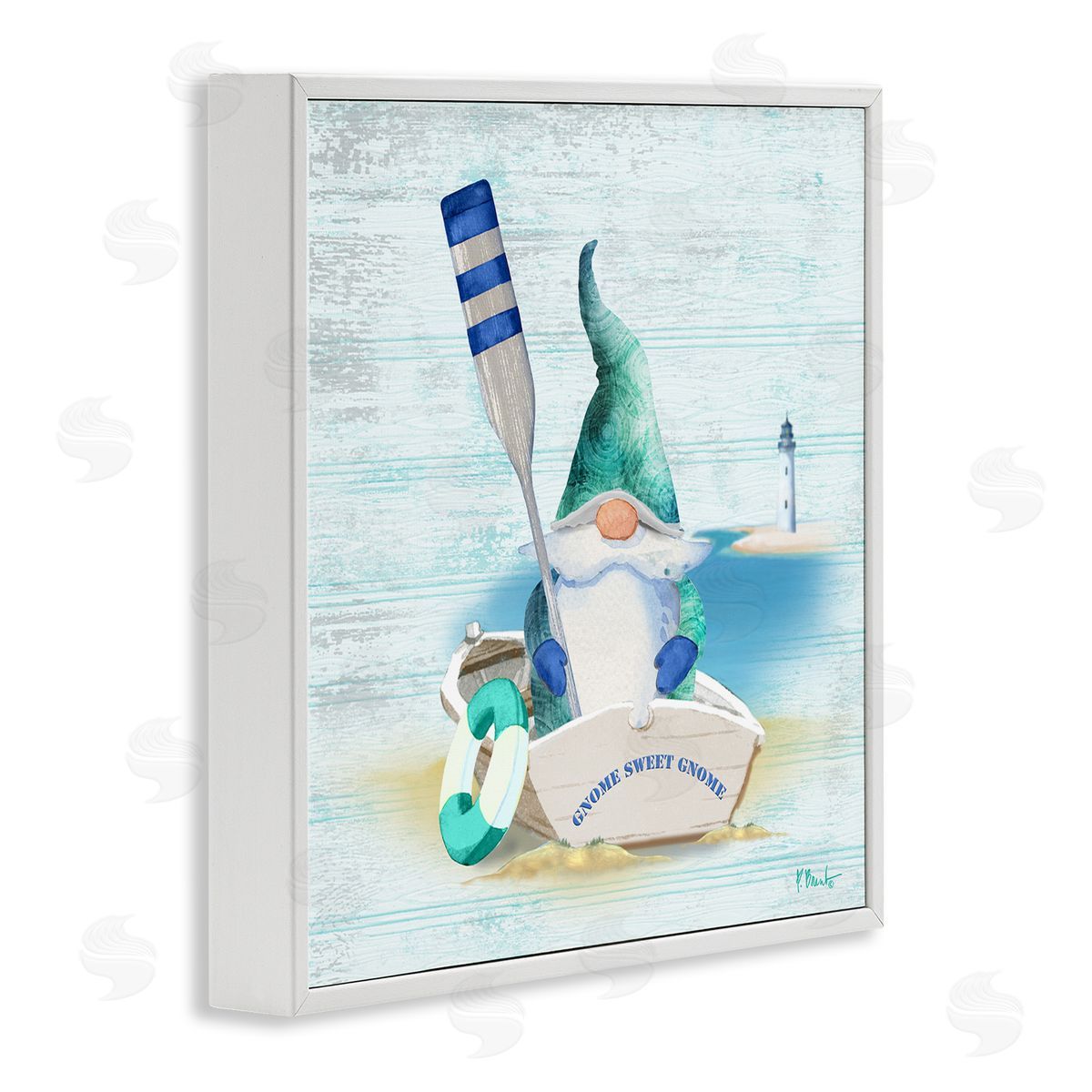Paul Brent Coastal Gnome Blue Row Boat White Framed Glicee Wall Art Print